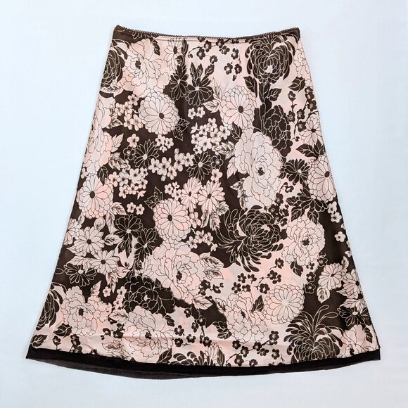 VTG 00s Y2K Forever 21 Pink & Brown Floral Satin A-Line Bias Cut Midi Skirt Sz S - Picture 2 of 6